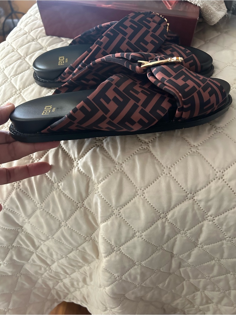 Fendi Brown and Black FF Logo Knot Slide Sandals with Gold Hardware - Picture 2 of 3